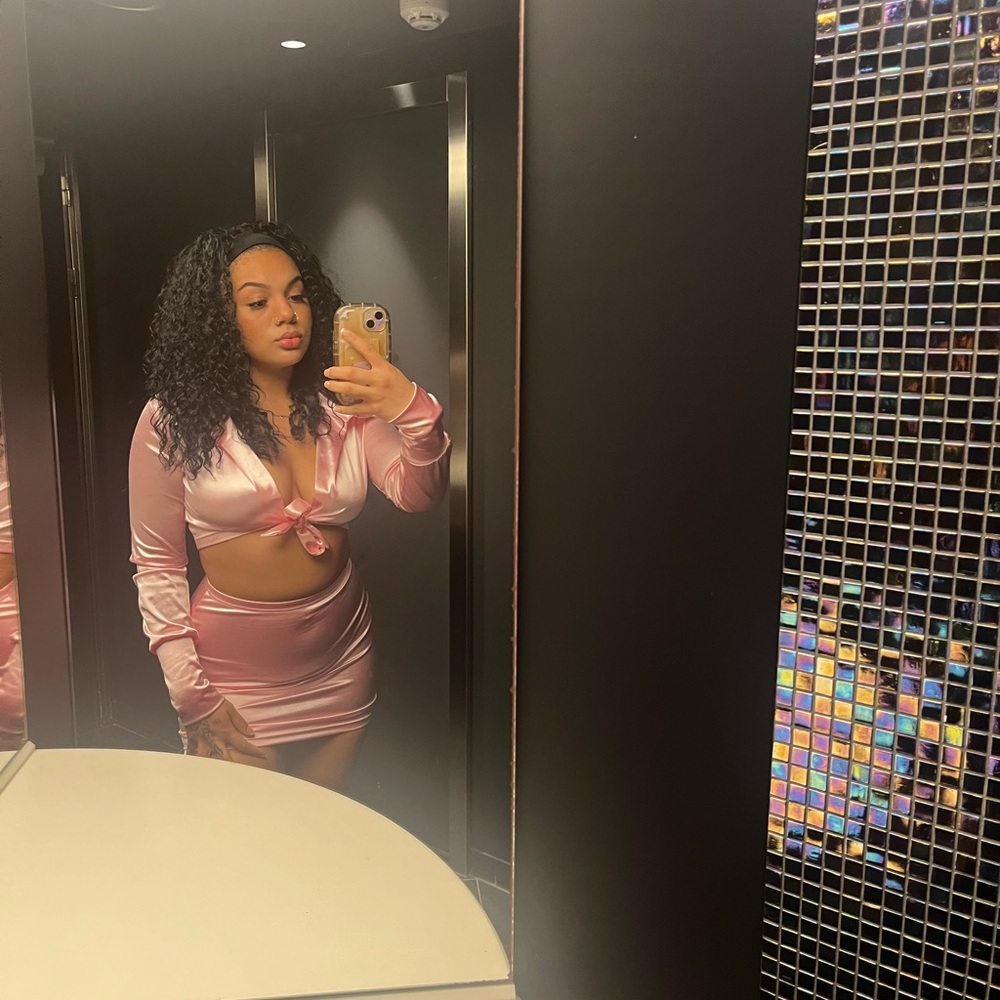 Two piece collar tie top and mini skirt